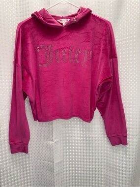 Juicy Couture Hot Pink Velour Cropped Hoodie Rhinestone Crystal Logo Size Small